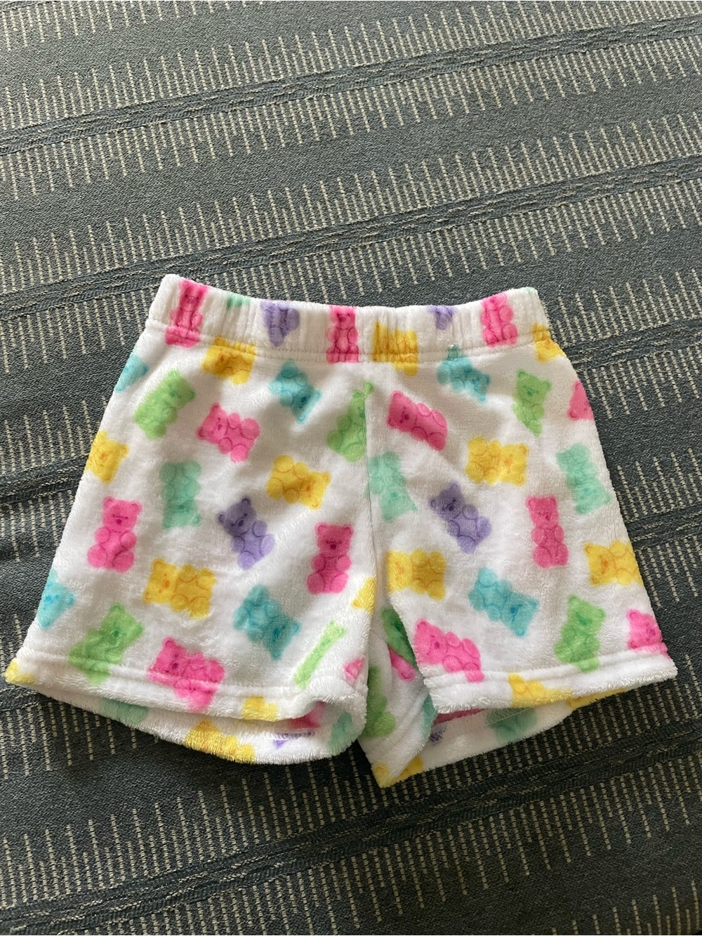 Girls Plush Gummy Bear Shorts in White with Multicolor Print